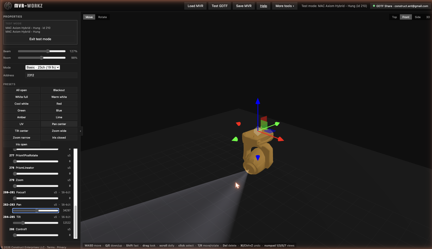 MVR-WorkZ — a single fixture in beam-test mode showing its GDTF modes and channels