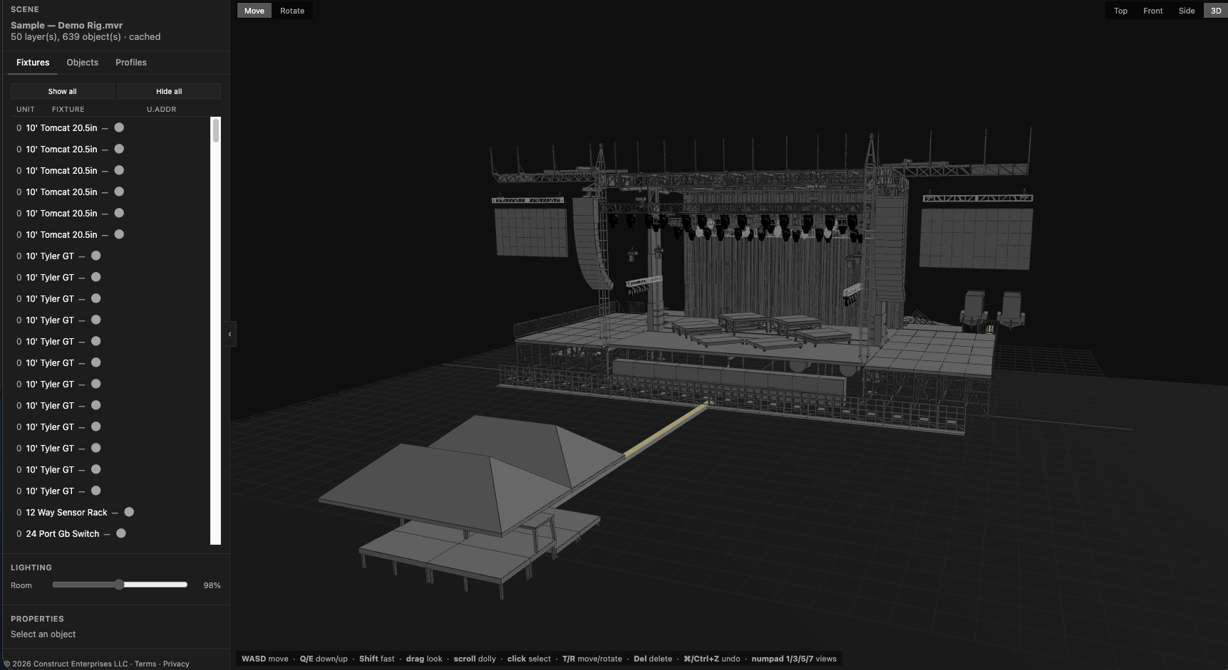 MVR-WorkZ — a full concert rig loaded in the 3D viewer, seen from a 3/4 angle, with the fixture list alongside