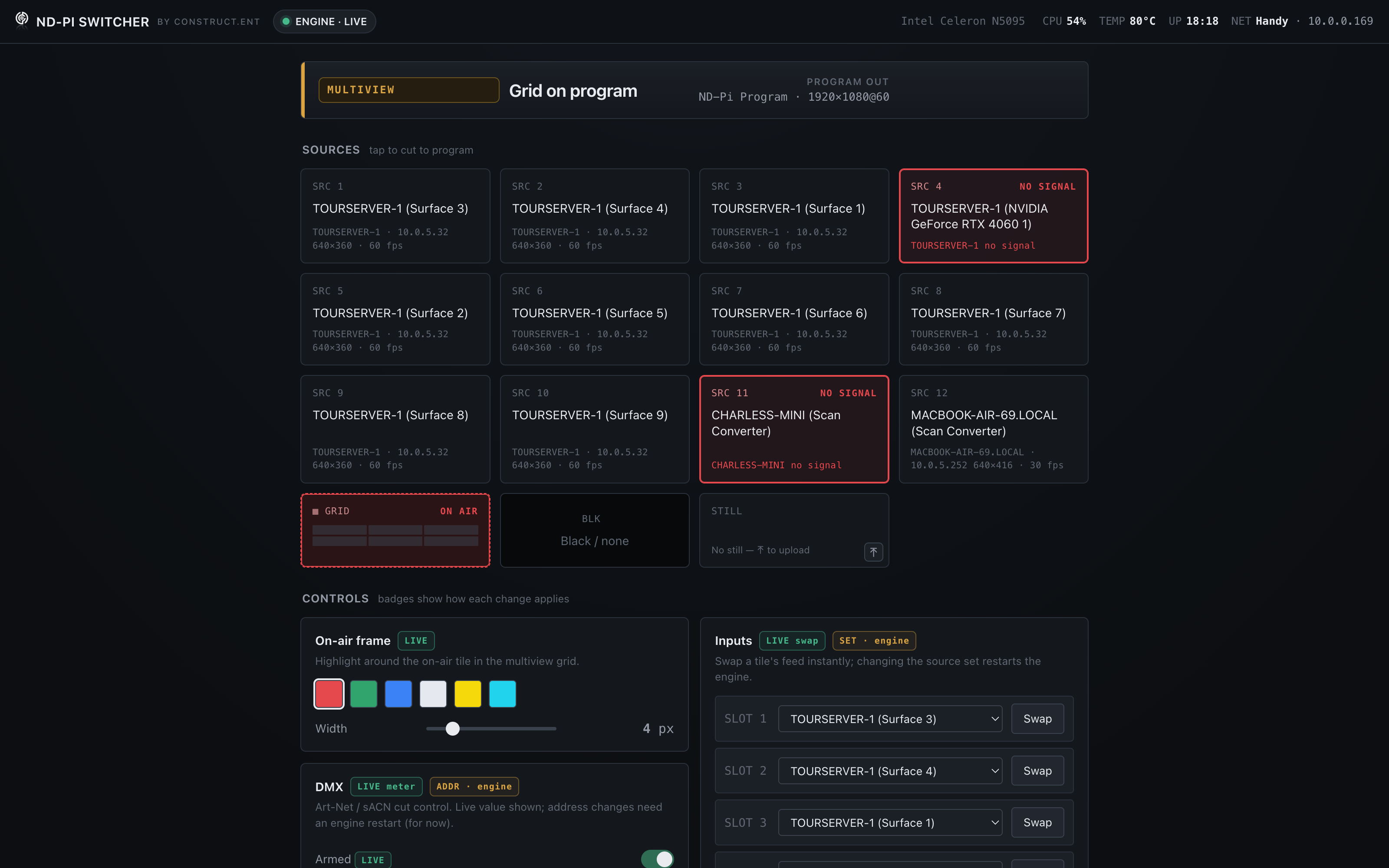 ND-Pi Switcher web control panel — sources, program out, DMX cut control, and on-air frame