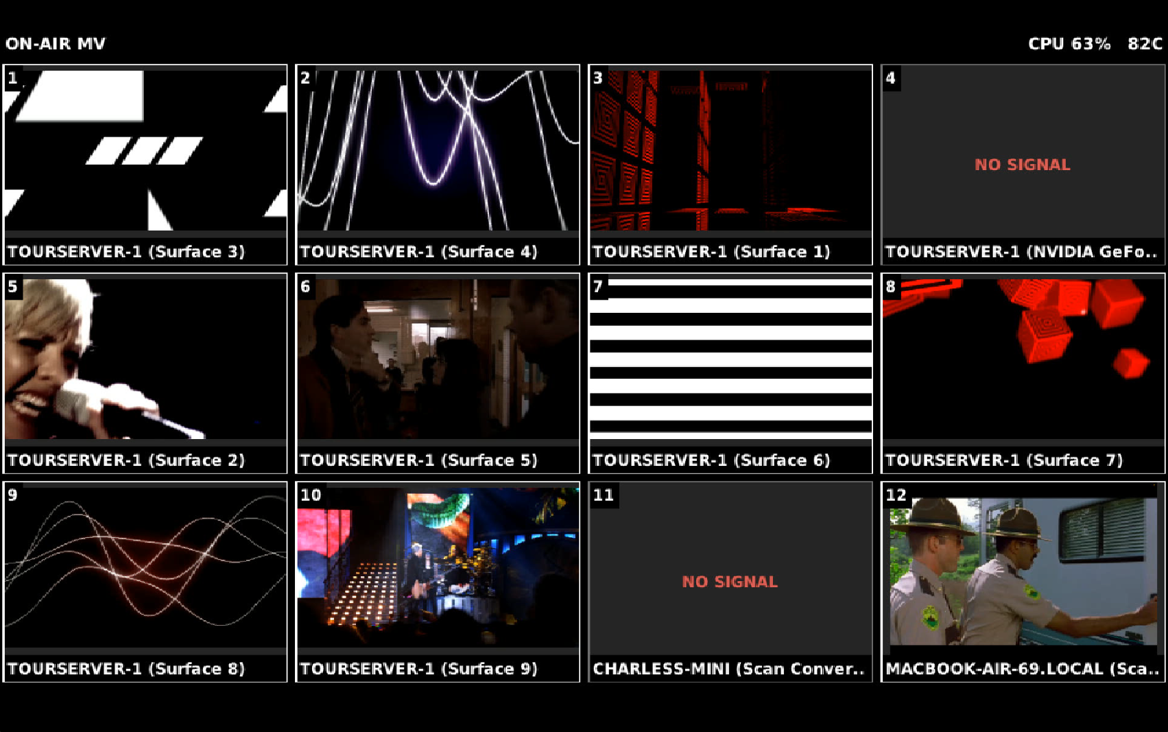 ND-Pi multiview — twelve live NDI and RTSP sources previewed in a grid, with no-signal failover states