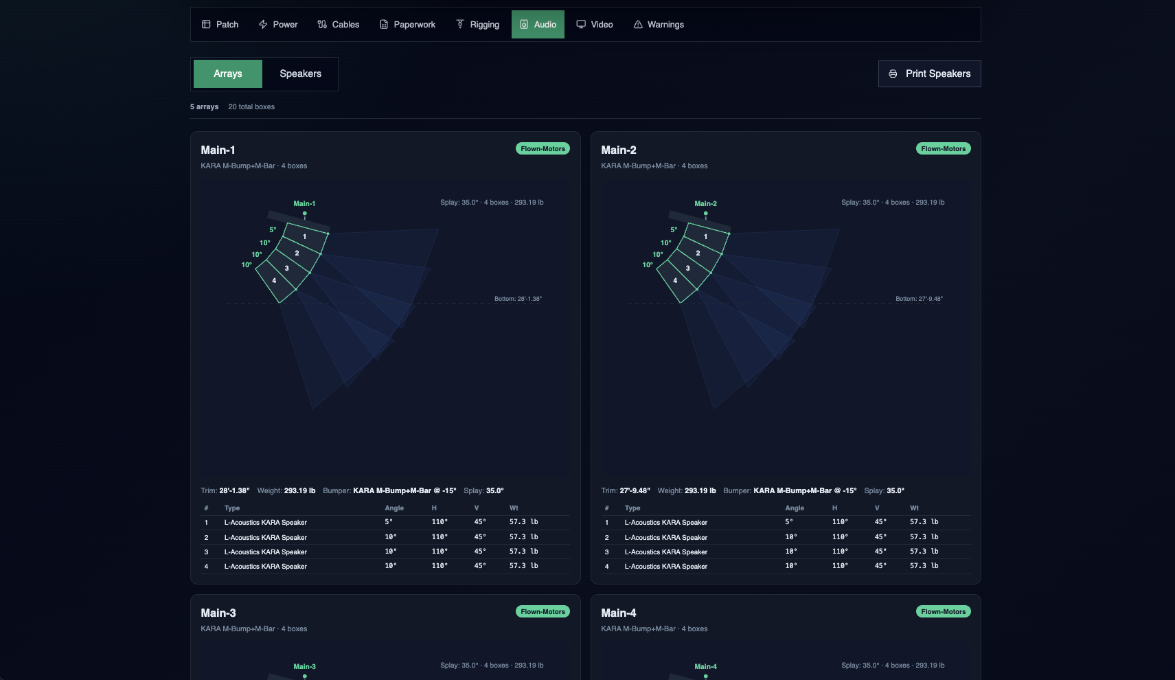 PaperWorkZ audio — line-array hangs with splay angles, box counts, and weights